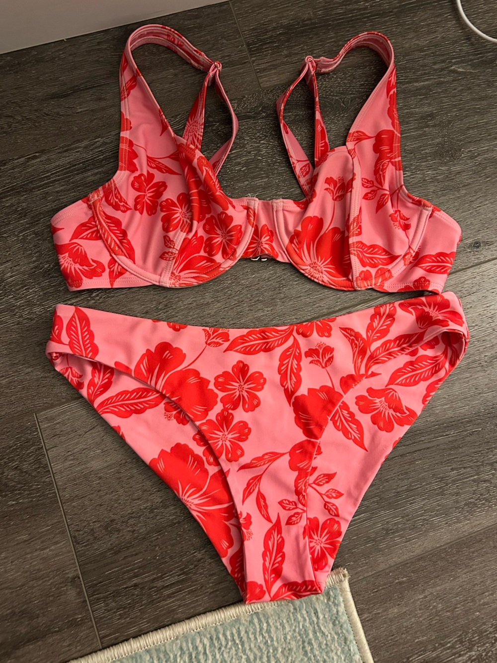 Kulani Kinis Pink & Res Hibiscus Underwire Blaconette Bikini Set